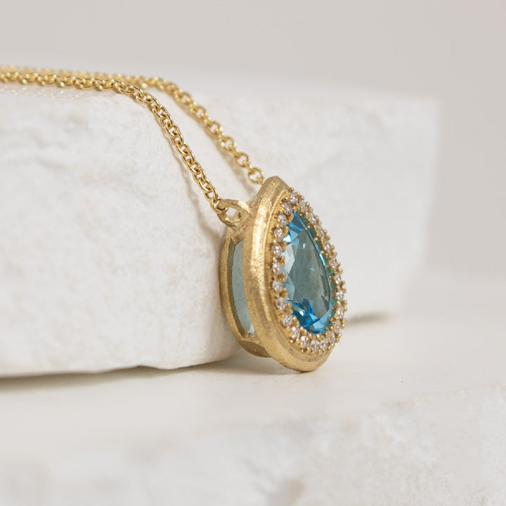 14KY Blue Topaz & Diamond Halo Necklace