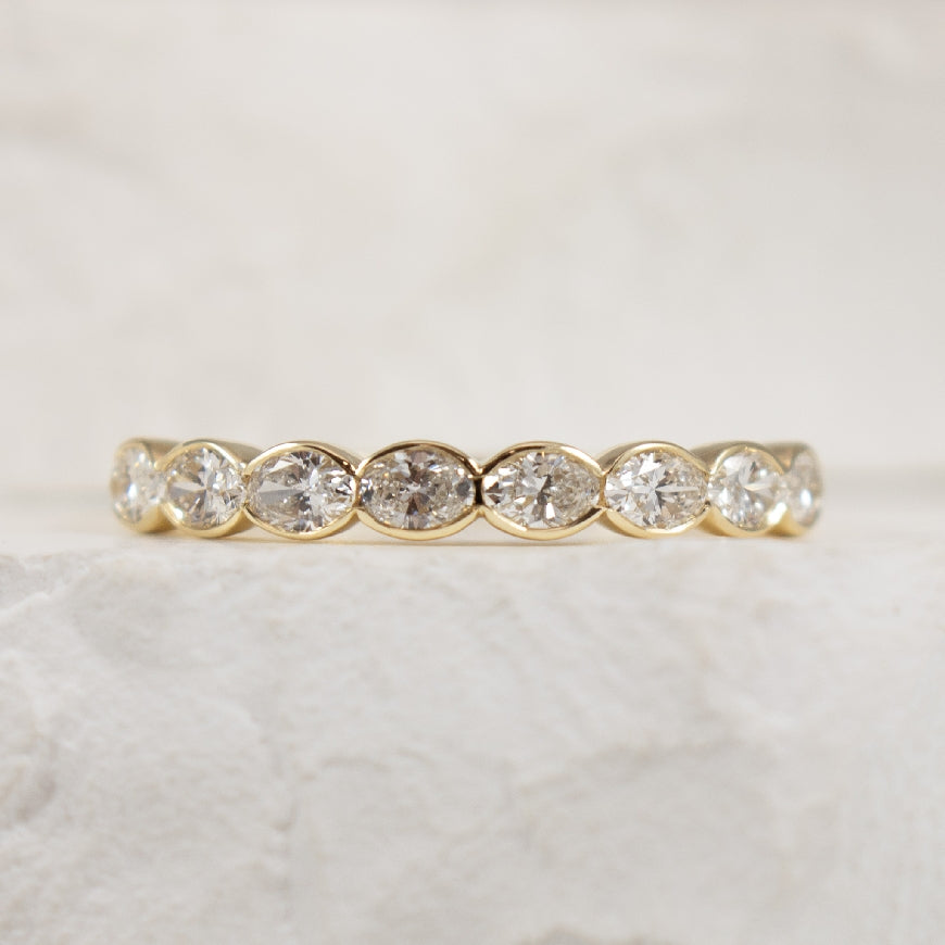 14KY Oval Cut 0.64CT Bezel Set Band                                        

14K Yellow Gold Oval Cut Bezel Set Band 

0.64 Carats Total Weight Oval Cut Natural Diamonds of I1 Clarity, H-J Colour 

Finger Size 6.75 