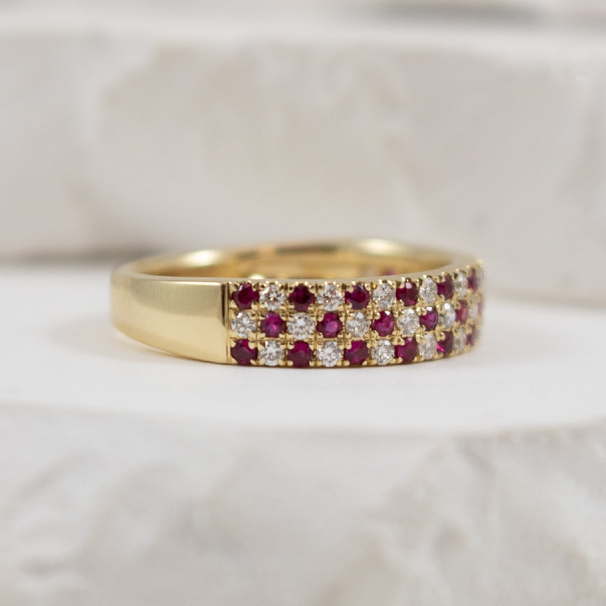 14KY Ruby & Diamond Checkered Pattern Ring