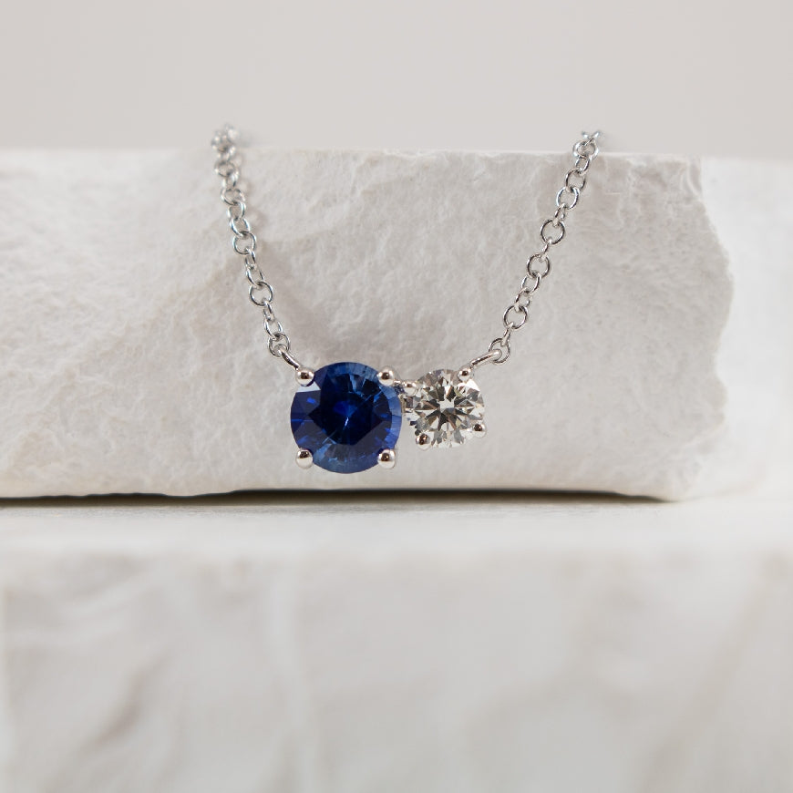 14KW Sapphire & Diamond Two Stone Necklace               

14K White Gold Roman & Jules Two Stone Sapphire & Diamond Necklace 

0.62 Carat Round Cut Sapphire

0.17 Total Natural Diamond Weight SI Clarity, GH Colour 

Chain Length 18' Adjustab