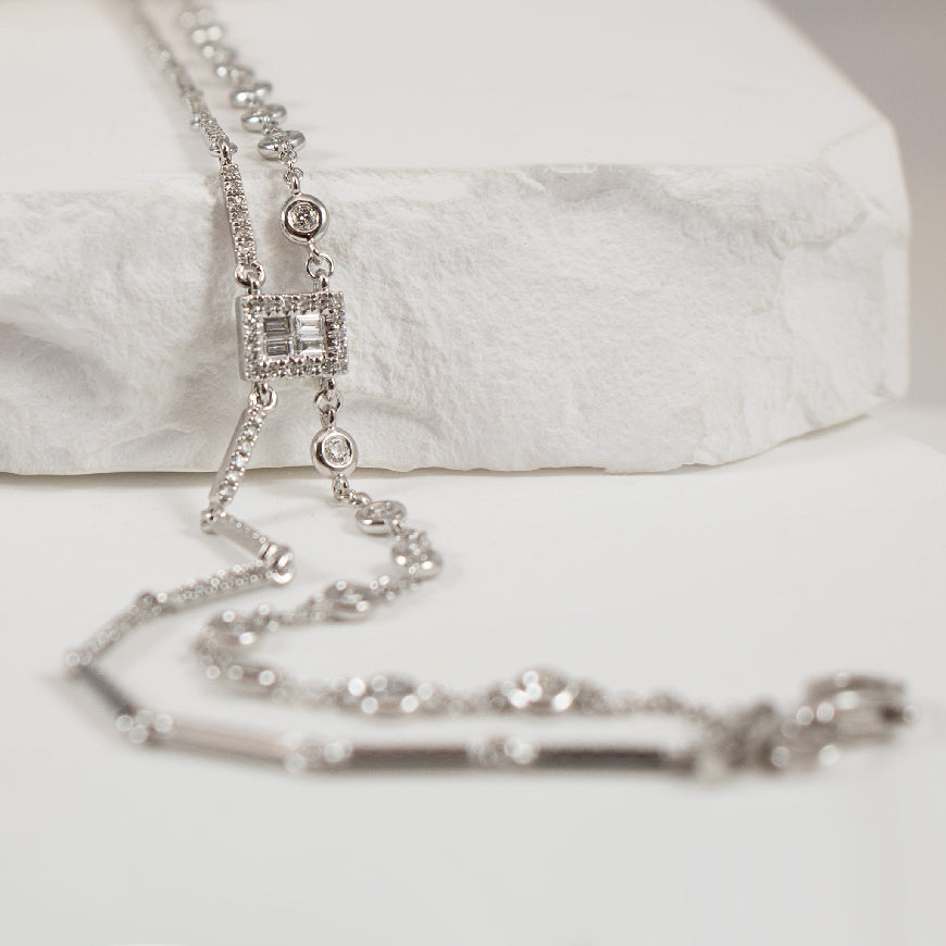 14KW Two Layer Diamond Baguette Bracelet          

14K White Gold Roman & Jules Two Layer Diamond Baguette Bracelet 

0.50 Total Natural Diamond Weight 

Bracelet Length Adjustable

