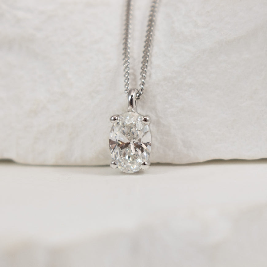 10K White Gold Oval Cut Lab Grown Diamond Solitaire Necklace 

0.30 Carat of Oval Cut Lab Grown Diamond

Chain Length 

