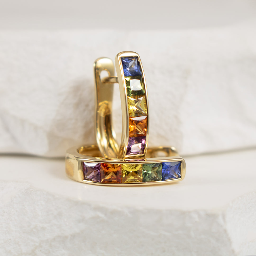14KY Rainbow Sapphire Hoop Earrings