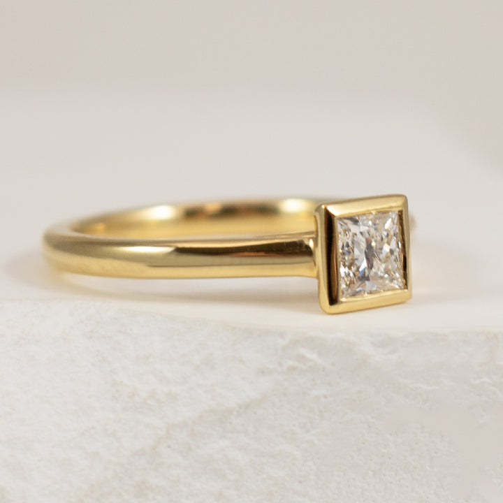 18KY Princess Cut Bezel Diamond Engagement Ring