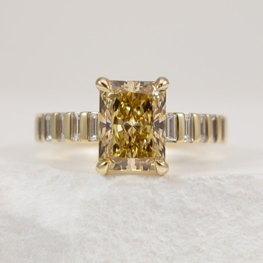 14KY Fancy Intense Yellow Diamond Engagement Ring

14K Yellow Gold Lab Grown Fancy Intense Yellow Diamond Engagement Ring 

Center - 2.44 Carat Radiant Cut Lab Grown Fancy Intense Yellow Lab Grown Diamond of VS1 Clarity, Excellent/ Excellent Cut,
