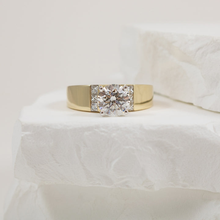 14KY S.Kashi 1.50CT Round Diamond Engagement Ring  

14K Yellow Gold S.Kashi Lab Grown & Natural Diamond Accented Engagement Ring 

Center: 1.50 Carat Round Brilliant Cut Lab Grown Diamond of VS1 Clarity, E Colour, Excellent/ Excellent/Excellent 