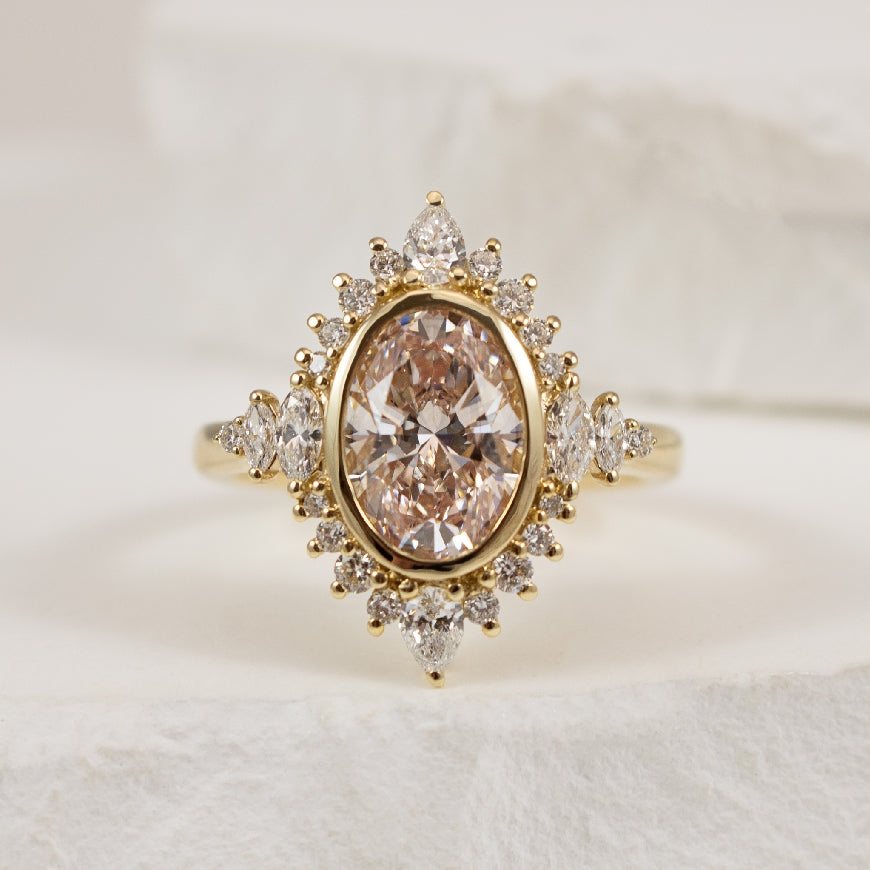 14KY 2.01CT Oval Pink Diamond Engagement Ring 

14K Yellow Gold Lab Grown Oval Cut Fancy Intense Pink Diamond Halo Engagement Ring 

Center -2.01 Carat Fancy Intense Pink Oval Cut Lab Grown Diamond of VS2 Clarity, Very Good/ Excellent Cut, IGI Ce