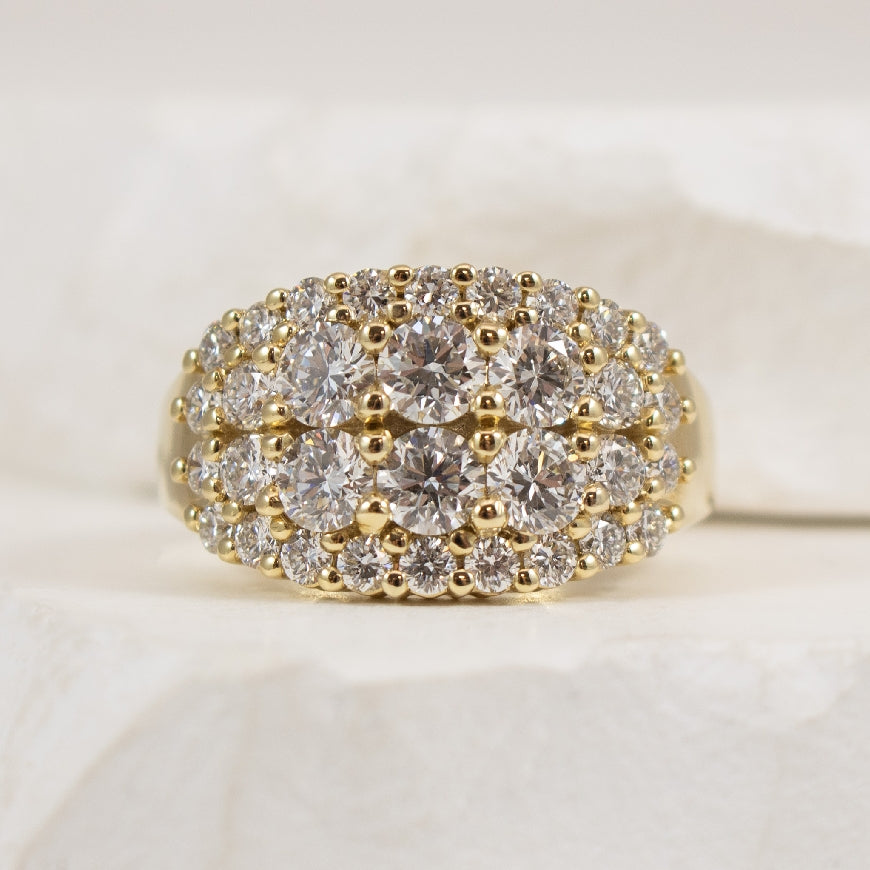 10KY 2.00CT 4 Row Diamond Ring     

10K Yellow Gold Lab Grown Diamond 4 Row Ring 

2.00 Carat Total Lab Grown Diamond Weight of VS Clarity  

Finger Size 6.5

