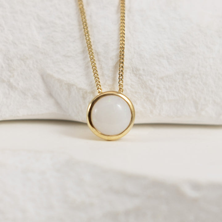 10K Yellow Gold Opal Birthstone Bezel Set Necklace on Curb Chain 