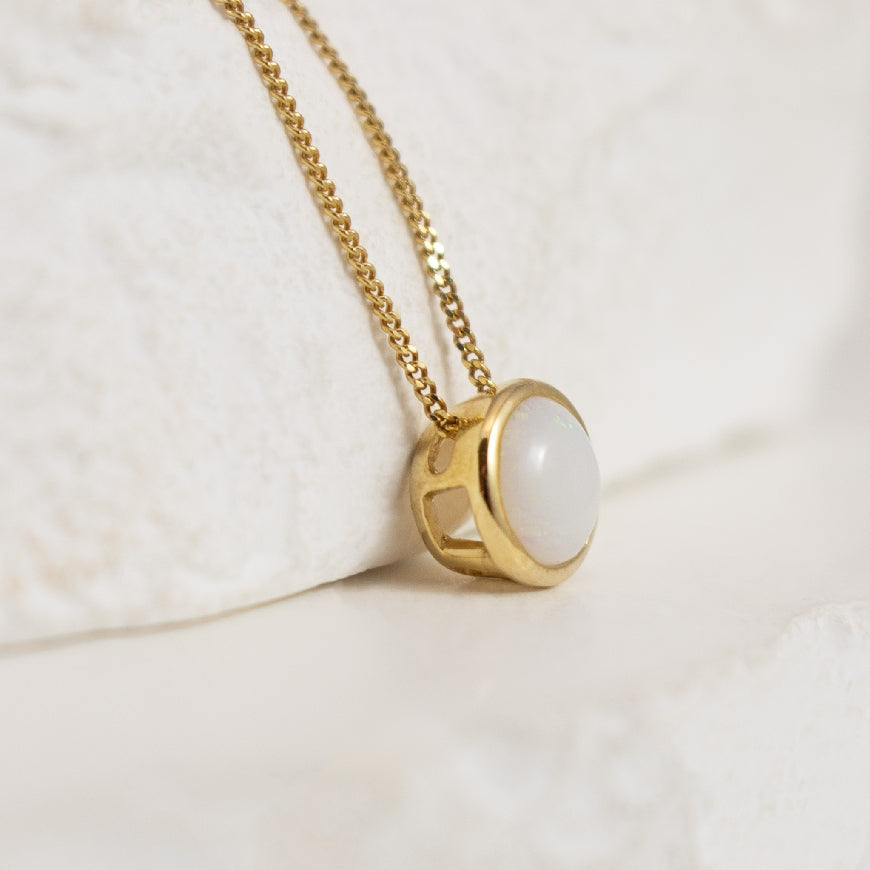10K Yellow Gold Bezel Set Opal Birthstone Necklace on Curb Chain 