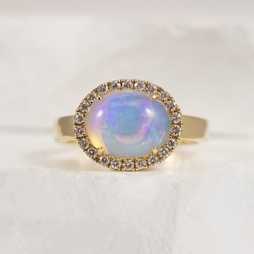 14K Yellow Gold Large Opal Ring with Diamond Halo on Wide Polished Band
