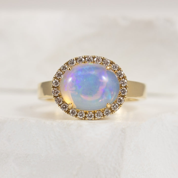 14K Yellow Gold Large Opal Ring with Diamond Halo on Wide Polished Band
