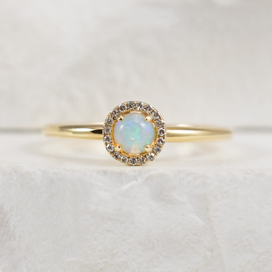 14K Yellow Gold Diamond Halo Ring with Round Center Opal
