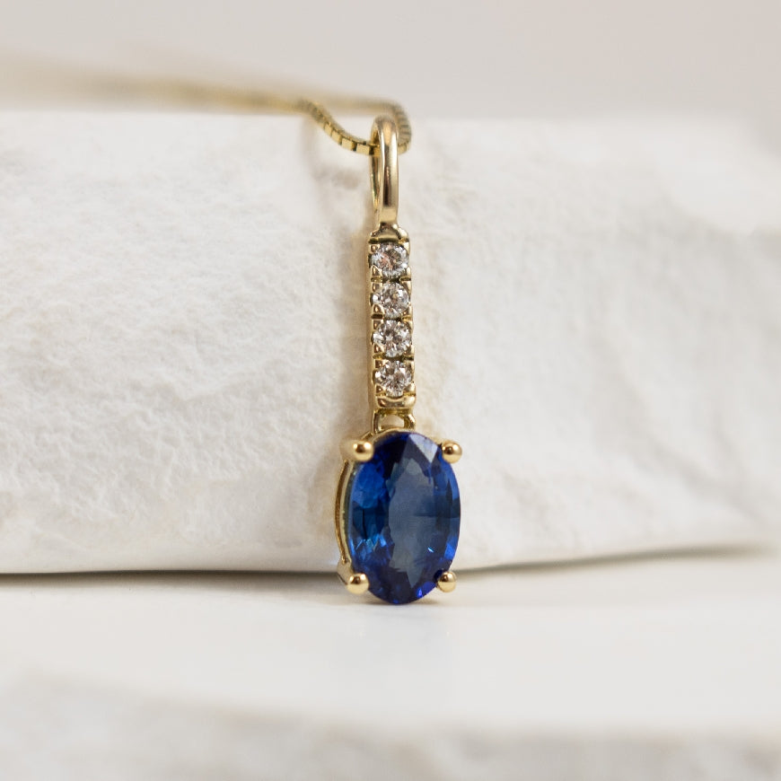 14K Yellow Gold Oval Cut Sapphire Necklace with Diamond Accents on 18" Box Chain