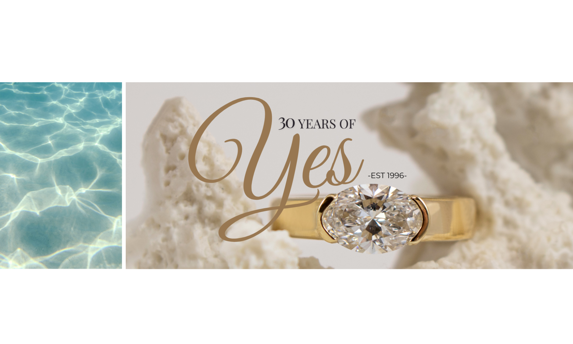 Gold ring with a diamond on a textured white background with '30 Years of Yes' text.